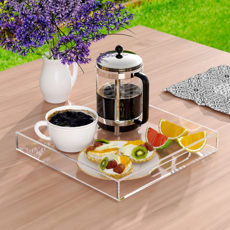 NIUBEE Acrylic Serving Tray 10x10 Inches -Spill Proof- Clear Decorative Tray Organiser for Ottoman Coffee Table Countertop with Handles - Image 2