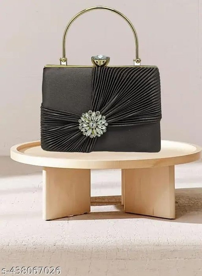 CLIX Party Silver Clutch | Women's Clutch | Evening Wedding Party Bridal Handbag | Women's Diamond Studded Floral Pattern Clutches Handbags - Image 2