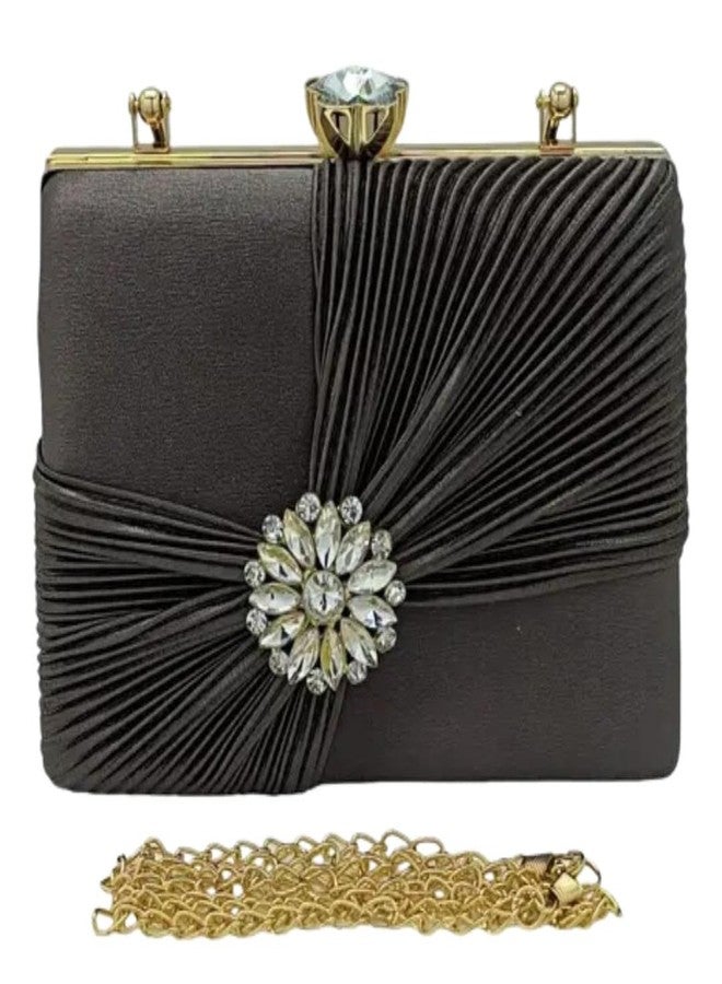 CLIX Party Silver Clutch | Women's Clutch | Evening Wedding Party Bridal Handbag | Women's Diamond Studded Floral Pattern Clutches Handbags - Image 1