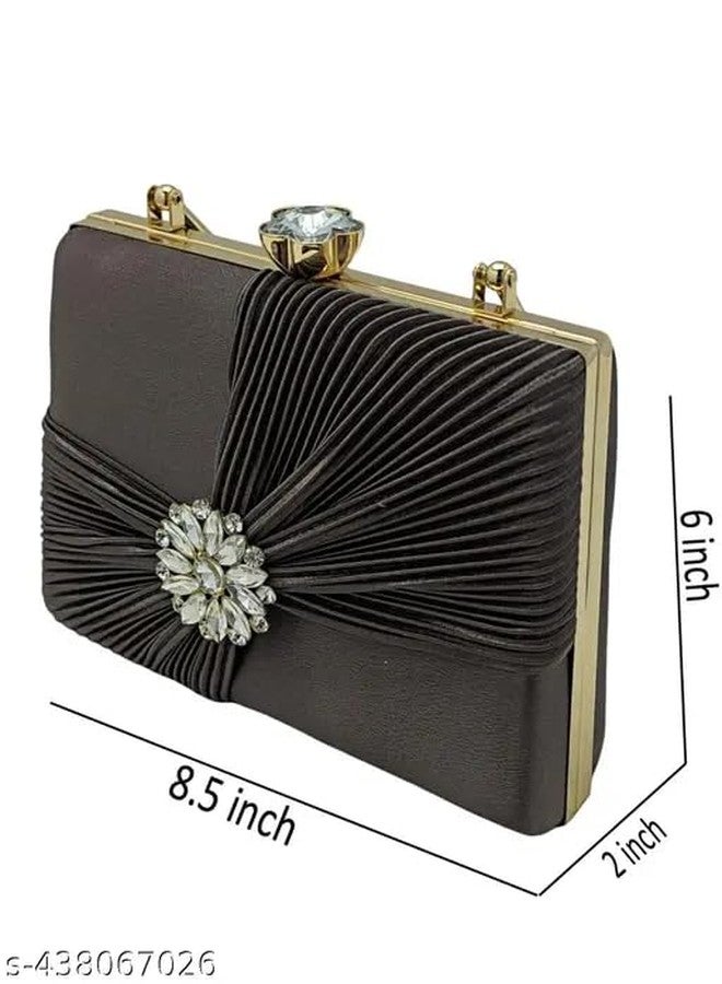 CLIX Party Silver Clutch | Women's Clutch | Evening Wedding Party Bridal Handbag | Women's Diamond Studded Floral Pattern Clutches Handbags - Image 3