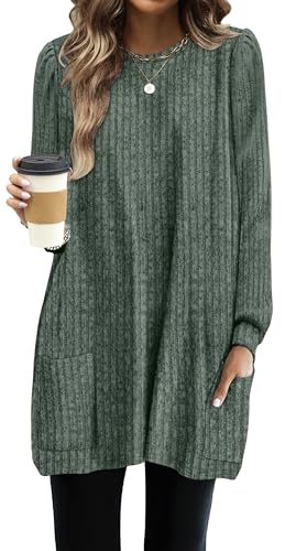 OFEEFAN Women Long Sleeve Shirt with Pockets Tunic Tops to Wear Leggings Lightweigh Green L - Image 5