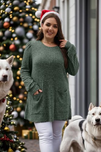OFEEFAN Women Long Sleeve Shirt with Pockets Tunic Tops to Wear Leggings Lightweigh Green L - Image 2