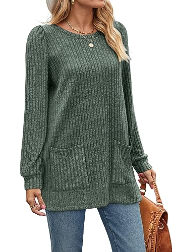 OFEEFAN Women Long Sleeve Shirt with Pockets Tunic Tops to Wear Leggings Lightweigh Green L - Image 3