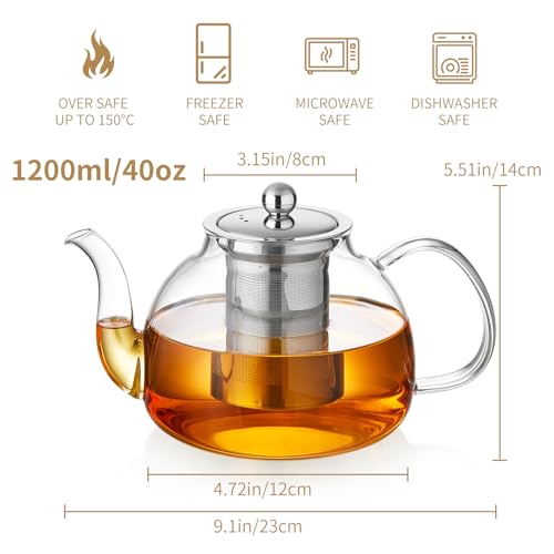 DOPUDO 40OZ (1200ML) Glass Teapot with Infuser Stovetop Safe, Clear Glass Tea Pot Kettle, Borosilicate Tea Pot with Infusers Filter for Loose Tea, Tea Kettle Dishwasher Safe - Image 2