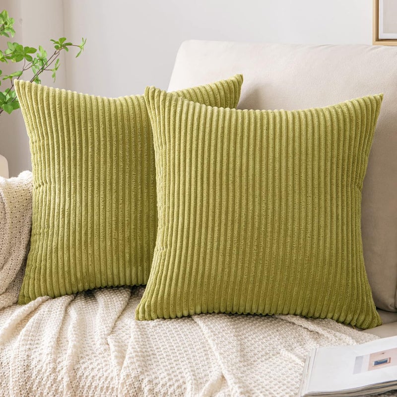 EMEMA Pack of 2 Corduroy Throw Pillow Covers Decorative Soft Striped Square Cushion Cases Pillowcases Spring for Couch Sofa Bedroom Chair Car 20x20 Inch Grass Green - Image 1