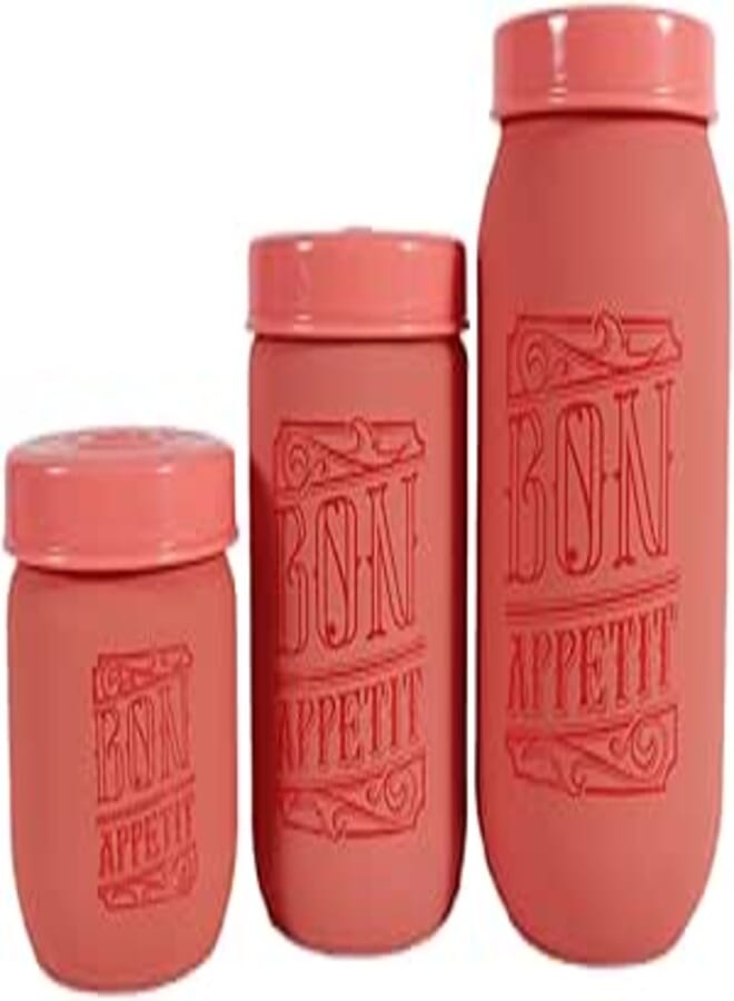 Herevin Soft Colored Decorated Canister with Tray 3-Piece Set - 425/660/1000 ml Capacity, Pink, Stackable Design, Made in Turkey (Kitchen, Pantry, Dorm)