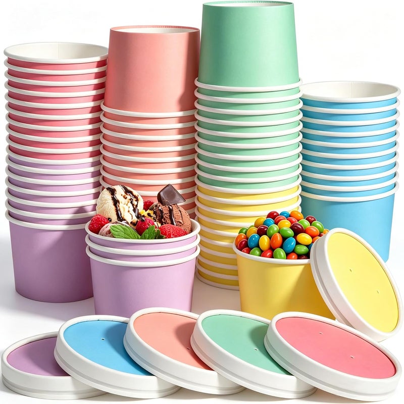 Aodaer 60 Pack Paper Ice Cream Cups with Lids 8 Ounces Paper Treat Bowls Ice Cream Containers Disposable Dessert Bowls for Hot and Cold Party Supplies Treat Dessert Cups for Sundae Frozen Yogurt - Image 1
