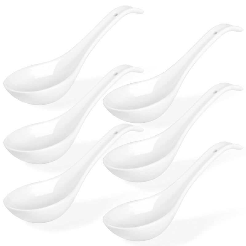 Wareland White Ceramic Soup Spoons Set of 6  675 Inch Chinese Ramen Spoons for Pho Cereal Noodles Stews Wonton Dumpling Miso  Deep Oval Hook Design Dishwasher Safe