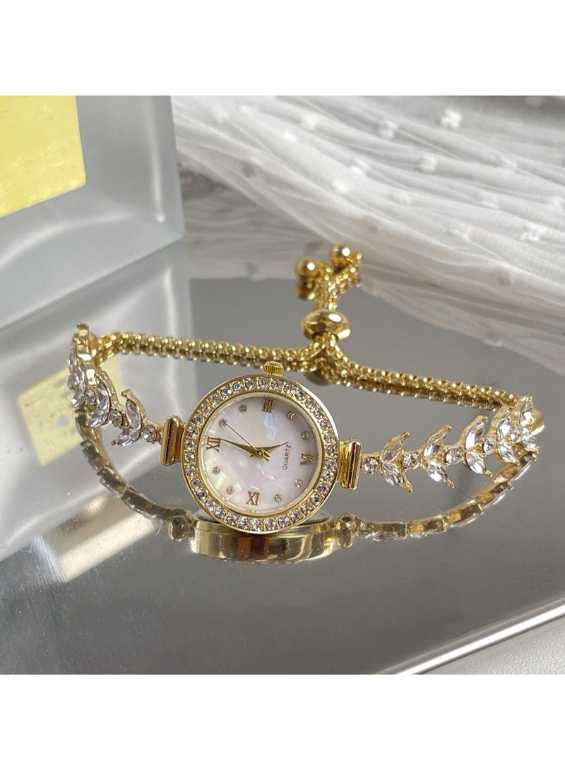 Women's light luxury fashion diamond inlaid fritillary small dial gold bracelet quartz watch - Image 2