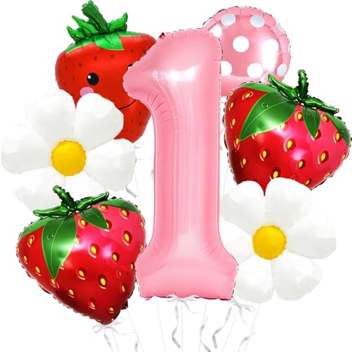 Corabsar Strawberry Balloons Berry First Birthday Decor 40 Inch Mylar Pink One Balloons Strawberry Balloon for Strawberry 1st Birthday Decorations Berry First Birthday Balloons Party Decorations - Image 1