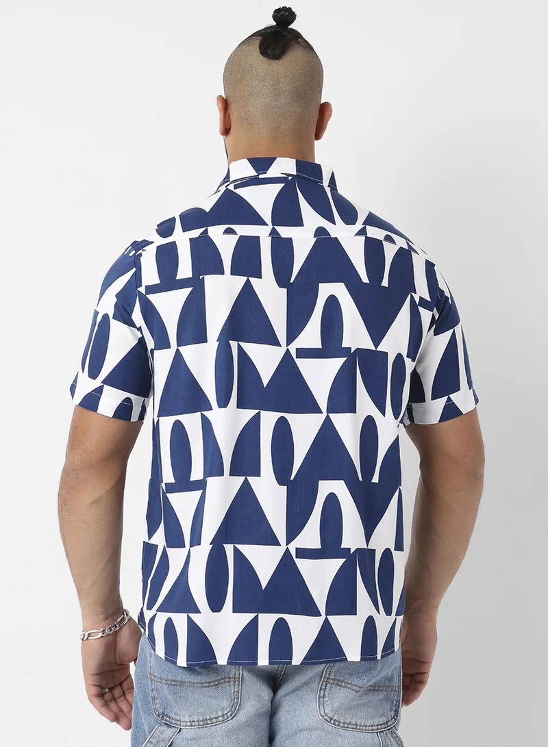 Instafab Plus Instafab Plus Men's White & Indigo Blue Geometric Block Shirt For Casual Wear | Spread Collar | Short Sleeve | Button Closure | Heavy Rayon Shirt Crafted With Comfort Fit For Everyday Wear