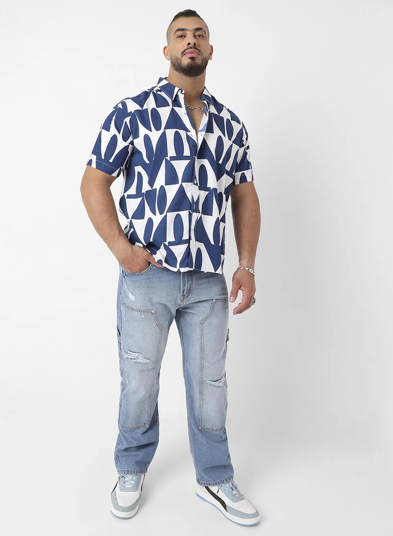 Instafab Plus Instafab Plus Men's White & Indigo Blue Geometric Block Shirt For Casual Wear | Spread Collar | Short Sleeve | Button Closure | Heavy Rayon Shirt Crafted With Comfort Fit For Everyday Wear