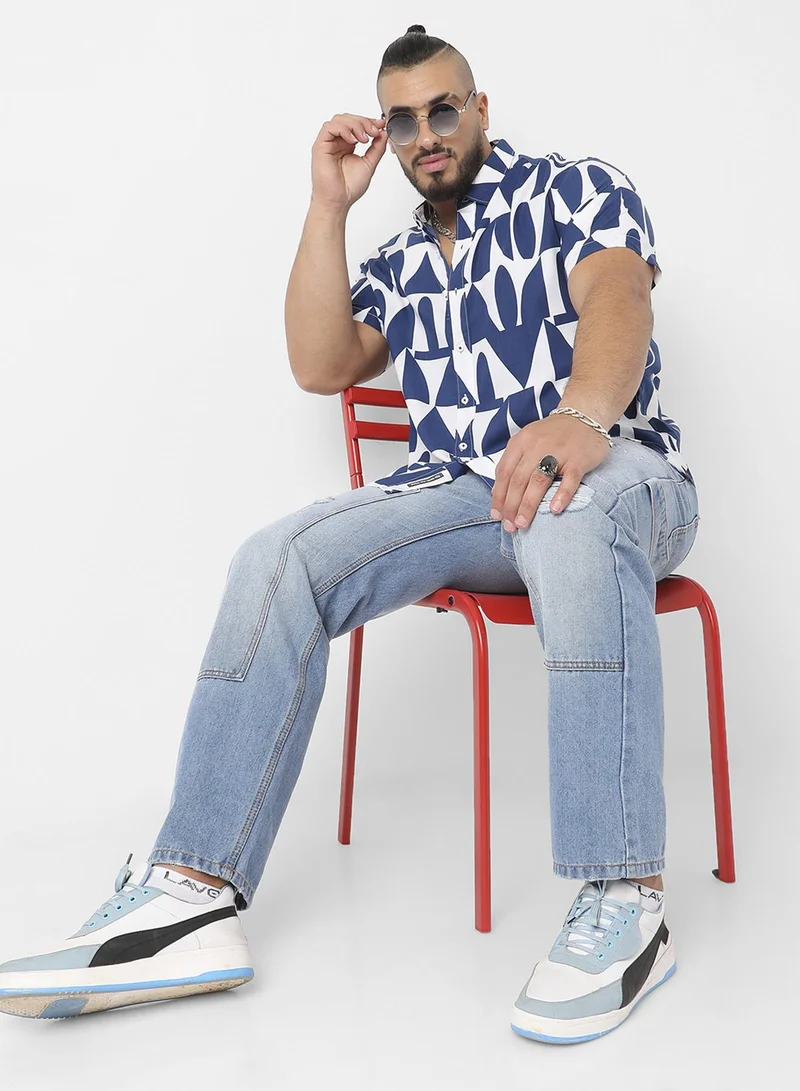Instafab Plus Instafab Plus Men's White & Indigo Blue Geometric Block Shirt For Casual Wear | Spread Collar | Short Sleeve | Button Closure | Heavy Rayon Shirt Crafted With Comfort Fit For Everyday Wear