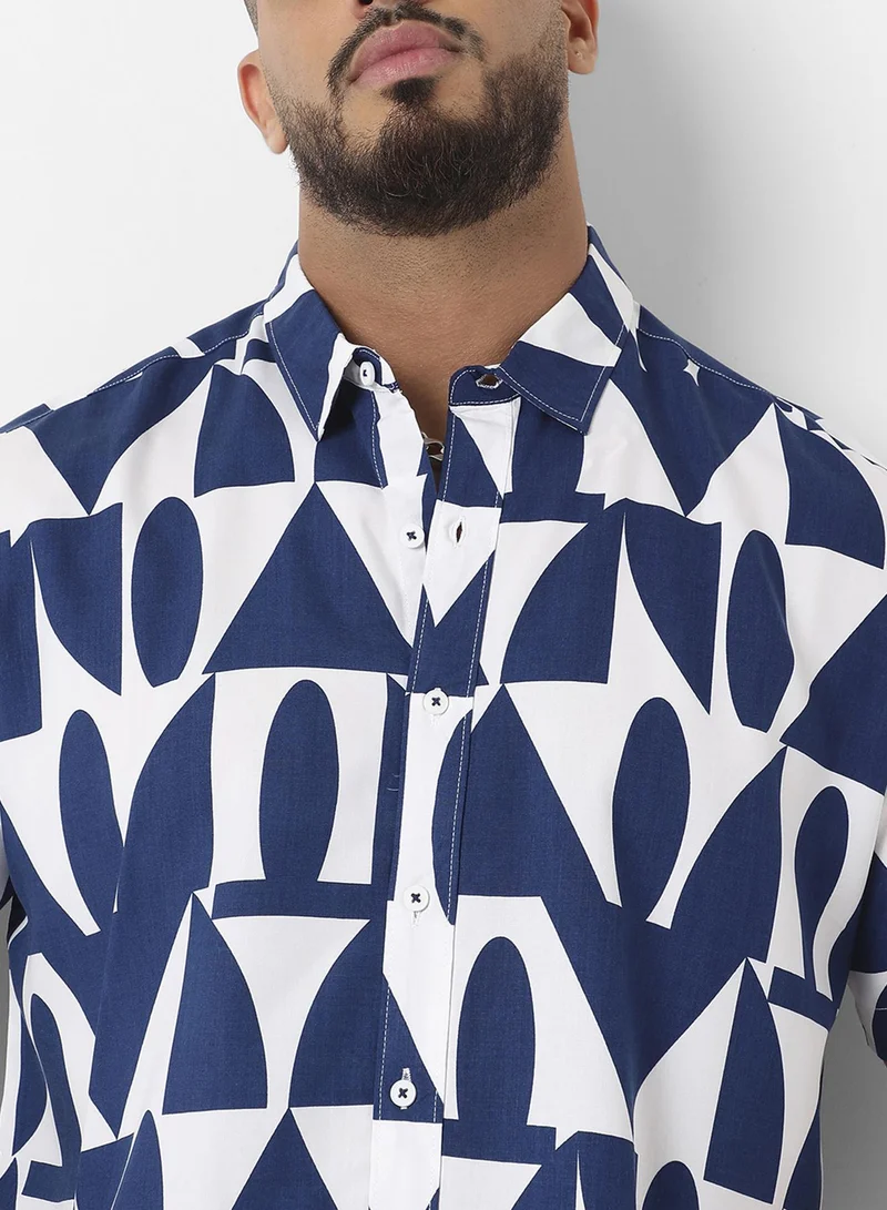 Instafab Plus Instafab Plus Men's White & Indigo Blue Geometric Block Shirt For Casual Wear | Spread Collar | Short Sleeve | Button Closure | Heavy Rayon Shirt Crafted With Comfort Fit For Everyday Wear