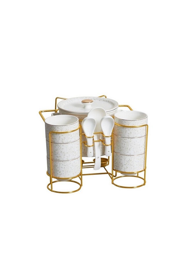 وانمور طقم تقديم أنيق بتصميم أوراق شجر  قطعة مع حامل، أبيض وذهبي