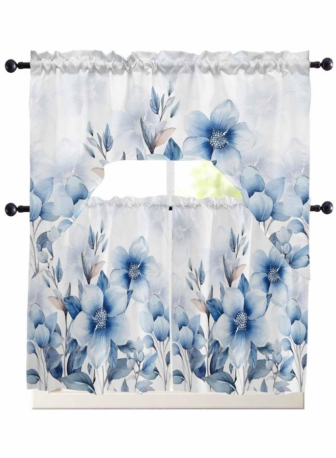 Litter Star Tier and Swag Window Curtain Set,Summer Watercolor Blue Flowers Kitchen Valance Tier Curtains 3 Pieces Set,Summer Natural Plants Rod Pocket Valances Window Treatment for Living Room Bedroom - Image 2
