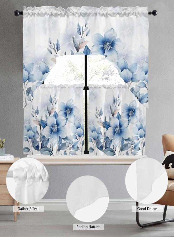 Litter Star Tier and Swag Window Curtain Set,Summer Watercolor Blue Flowers Kitchen Valance Tier Curtains 3 Pieces Set,Summer Natural Plants Rod Pocket Valances Window Treatment for Living Room Bedroom - Image 3