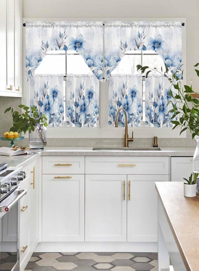 Litter Star Tier and Swag Window Curtain Set,Summer Watercolor Blue Flowers Kitchen Valance Tier Curtains 3 Pieces Set,Summer Natural Plants Rod Pocket Valances Window Treatment for Living Room Bedroom - Image 5