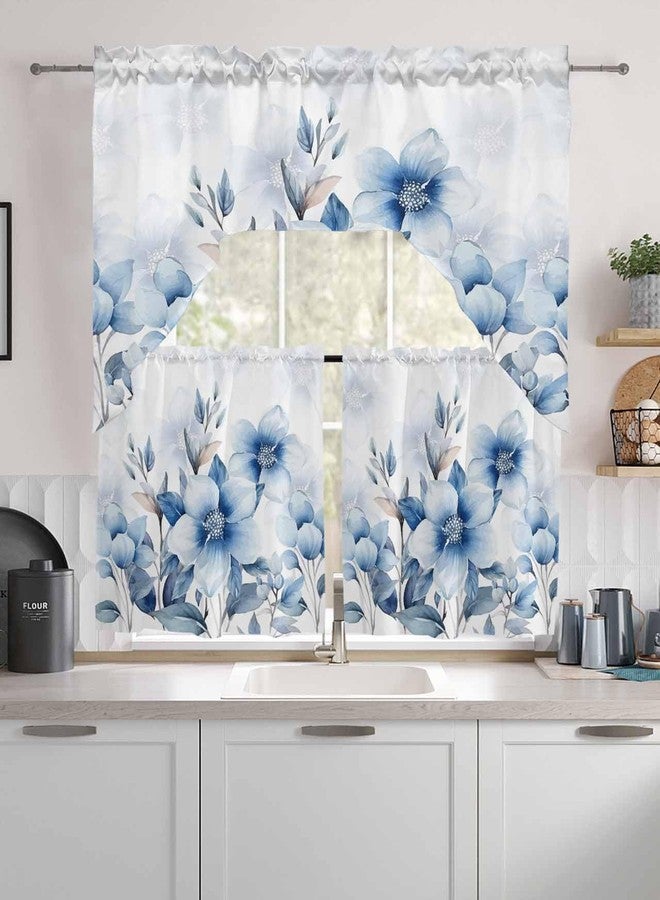 Litter Star Tier and Swag Window Curtain Set,Summer Watercolor Blue Flowers Kitchen Valance Tier Curtains 3 Pieces Set,Summer Natural Plants Rod Pocket Valances Window Treatment for Living Room Bedroom - Image 1