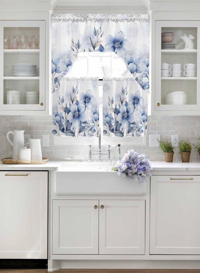 Litter Star Tier and Swag Window Curtain Set,Summer Watercolor Blue Flowers Kitchen Valance Tier Curtains 3 Pieces Set,Summer Natural Plants Rod Pocket Valances Window Treatment for Living Room Bedroom - Image 4