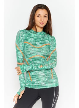 Women Abstract Print Rashguard, Green Combo