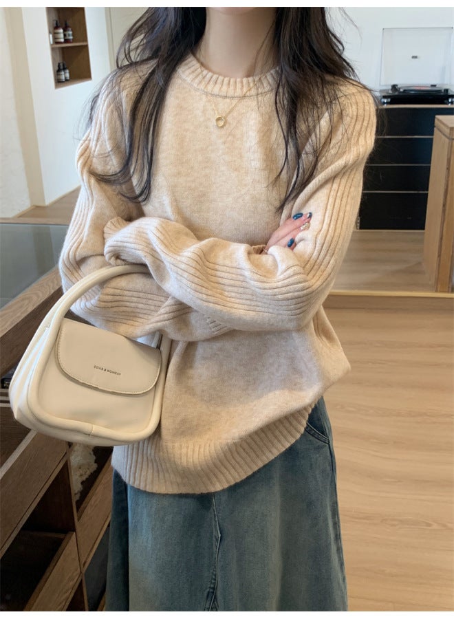 Leyuan Autumn And Winter Coat New Solid Color Long Sleeve Round Neck Loose Slim Knitwear Lazy Style Top Sweater Women - Image 4
