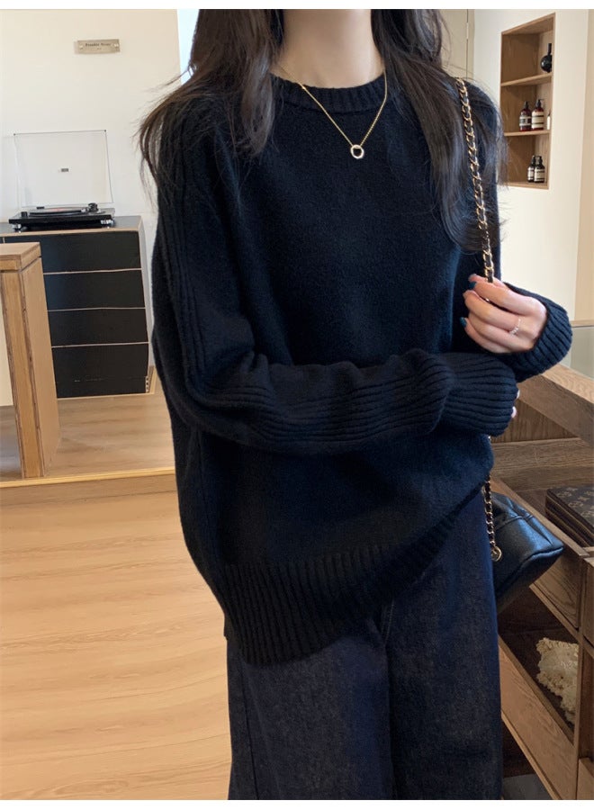 Leyuan Autumn And Winter Coat New Solid Color Long Sleeve Round Neck Loose Slim Knitwear Lazy Style Top Sweater Women - Image 2