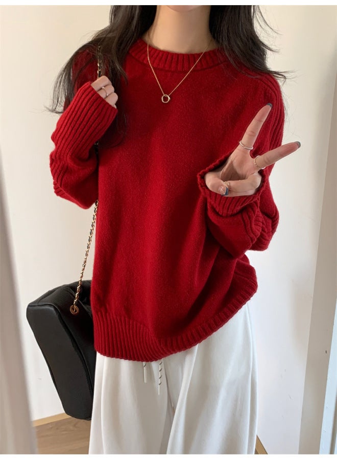 Leyuan Autumn And Winter Coat New Solid Color Long Sleeve Round Neck Loose Slim Knitwear Lazy Style Top Sweater Women - Image 5