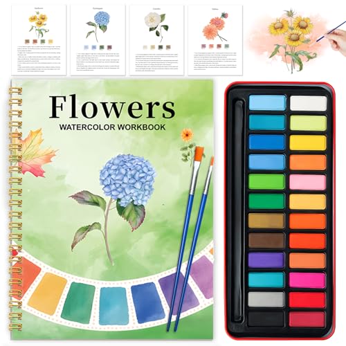 Cbcmpica Watercolor Workbook Coloring Book Beginner Friendly Painting Kit Watercolor Workbooks for Adults with 24 Colors Paint Exploration Gift for Adults Teens Flowers - Image 1
