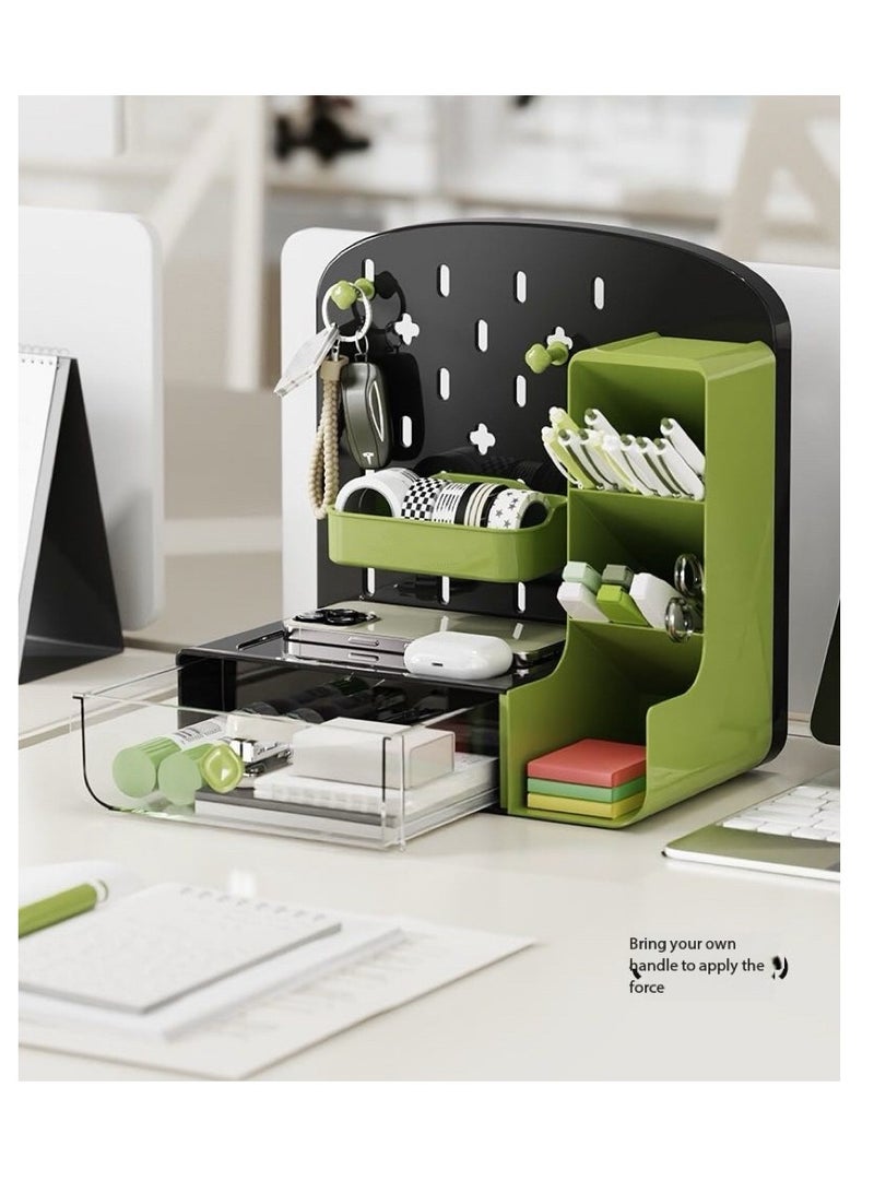 Desktop Storage Box - Multi-Functional Display Shelf with Pegboard, Drawer & Slanted Open Grids - Stationery & Cosmetic Organizer for Office/Home - Large Capacity DIY Desk Rack with Perforated Board（Green）  - Image 1