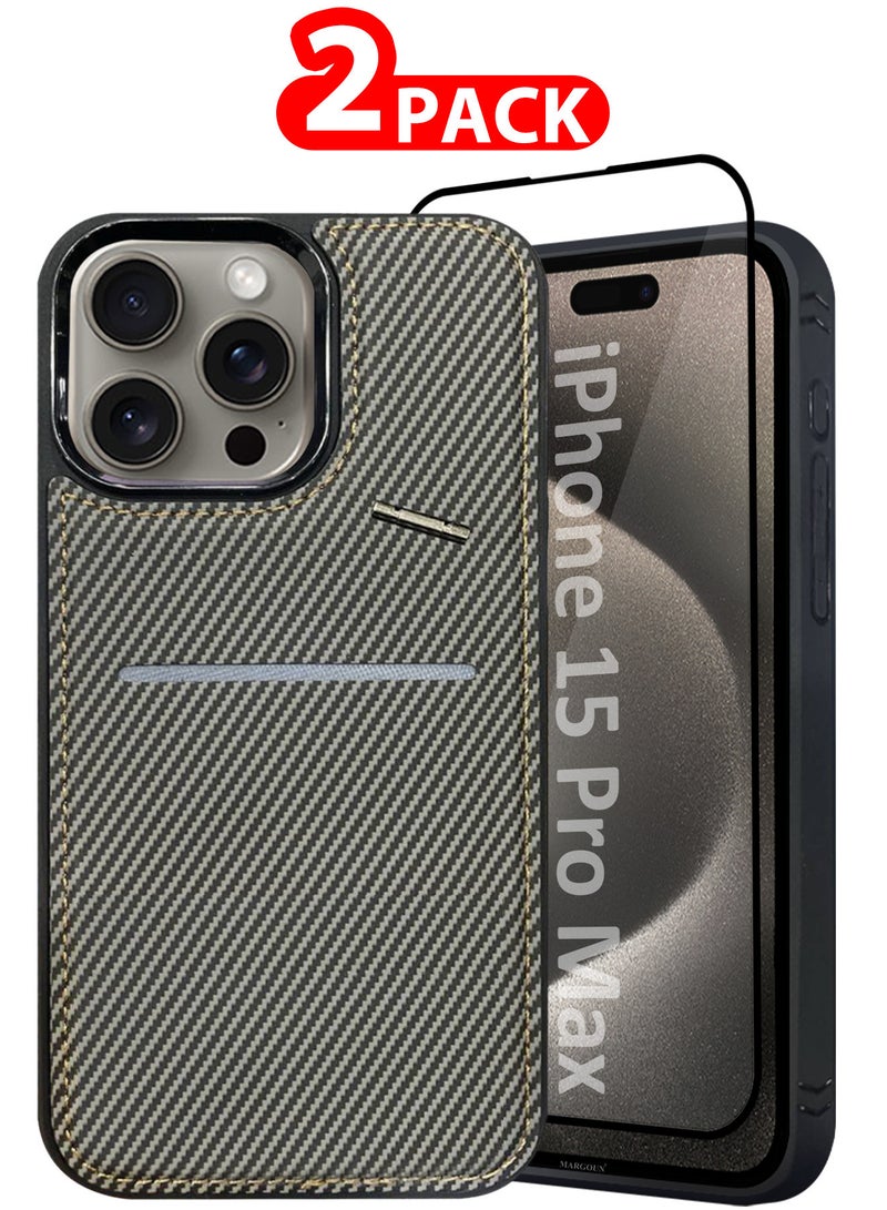 CATANES iPhone 15 Pro Max 2Pack Case Leather Cover Card Holder and Kickstand with 1 Screen Protector Tempered Glass for Men Women Phone Case with Carbon Fiber Pattern - Image 1