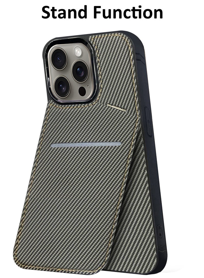CATANES iPhone 15 Pro Max 2Pack Case Leather Cover Card Holder and Kickstand with 1 Screen Protector Tempered Glass for Men Women Phone Case with Carbon Fiber Pattern - Image 2