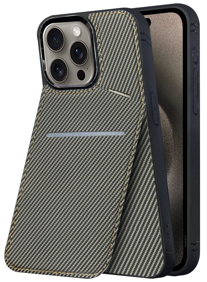 CATANES iPhone 15 Pro Max 2Pack Case Leather Cover Card Holder and Kickstand with 1 Screen Protector Tempered Glass for Men Women Phone Case with Carbon Fiber Pattern - Image 4