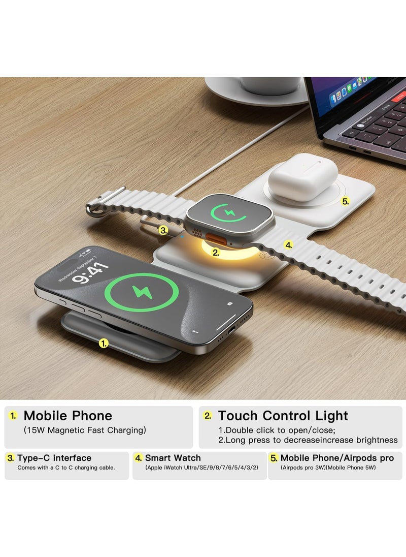 Hihonor - Foldable Wireless Charger for iPhone 15/14/13/12/11 Series, Magnetic Wireless Charging Station, Travel Wireless Fast Charging Pad for Airpods 3/2/Pro, iWatch (3 in 1, White) - Image 1
