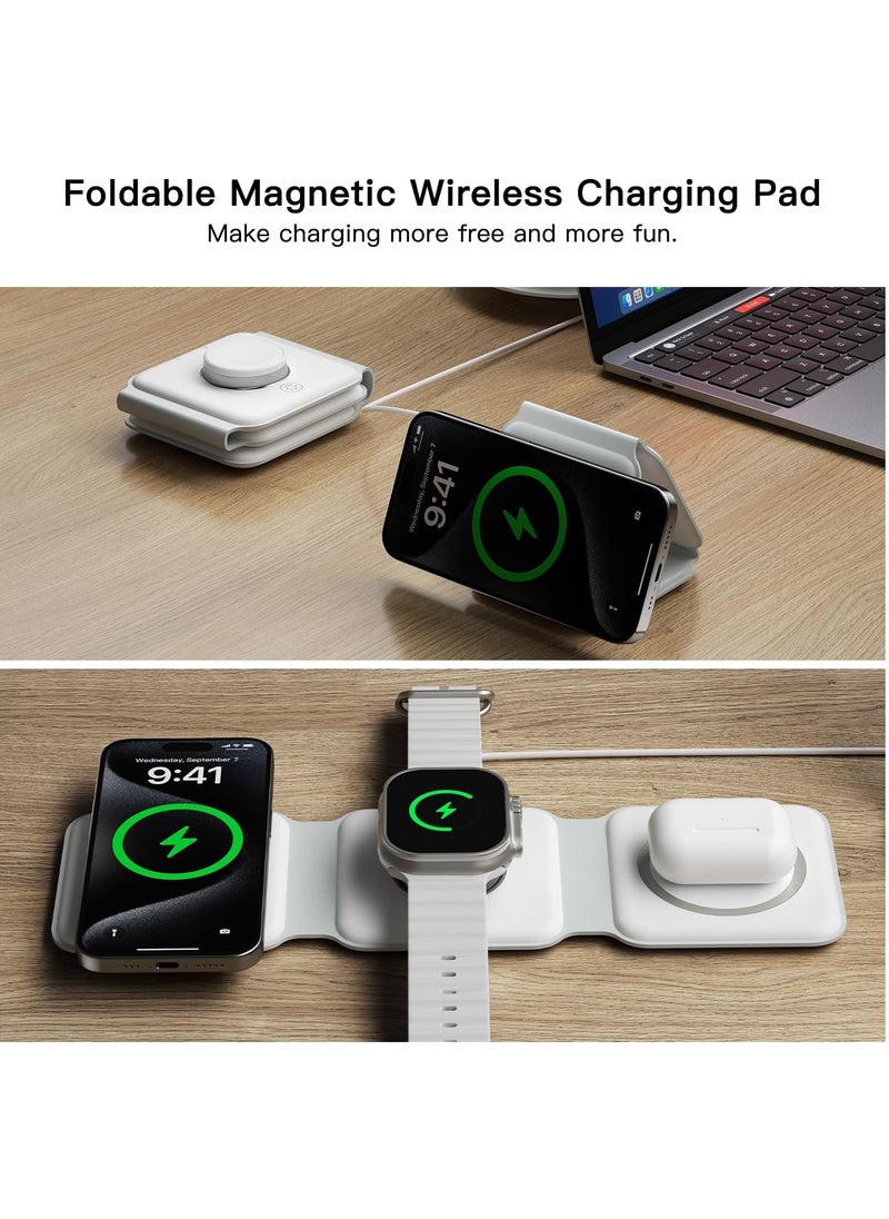 Hihonor - Foldable Wireless Charger for iPhone 15/14/13/12/11 Series, Magnetic Wireless Charging Station, Travel Wireless Fast Charging Pad for Airpods 3/2/Pro, iWatch (3 in 1, White) - Image 1