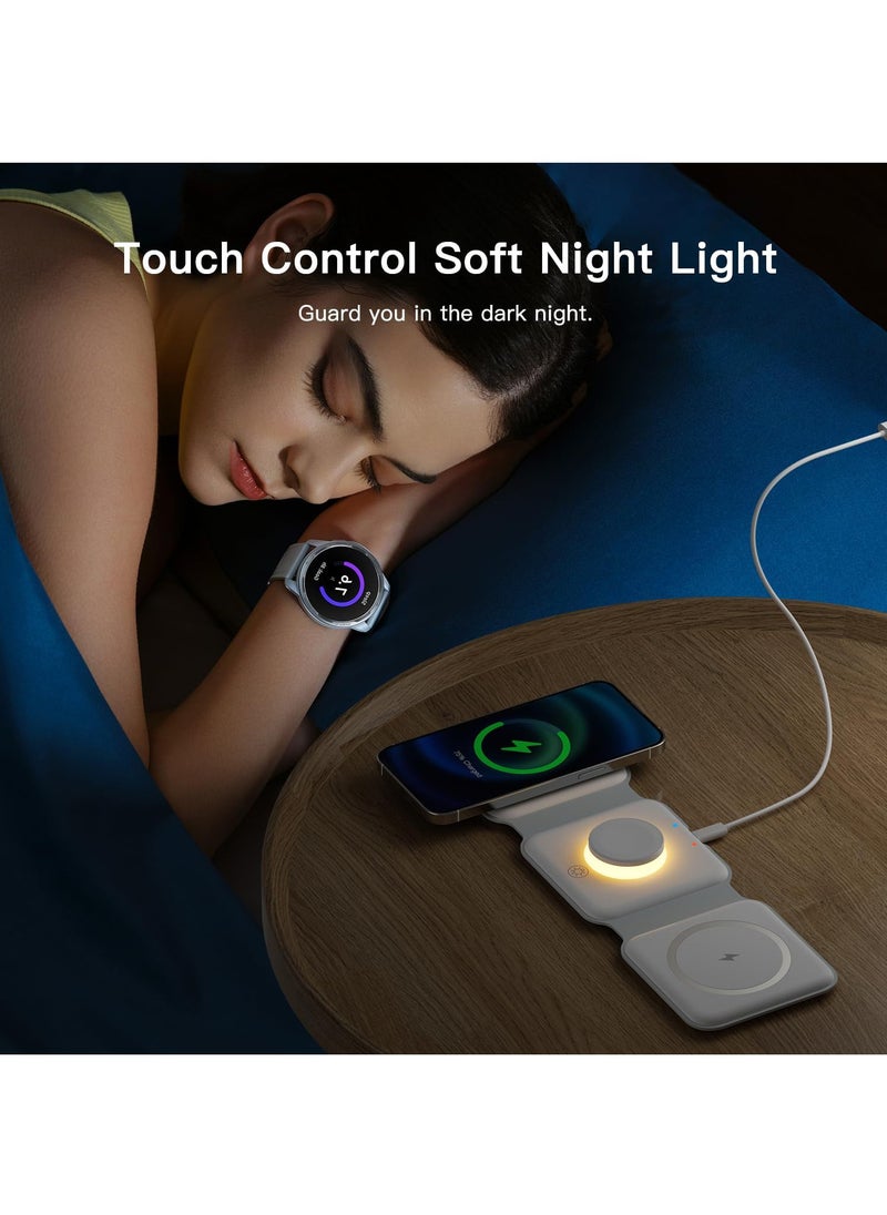 Hihonor - Foldable Wireless Charger for iPhone 15/14/13/12/11 Series, Magnetic Wireless Charging Station, Travel Wireless Fast Charging Pad for Airpods 3/2/Pro, iWatch (3 in 1, White) - Image 1