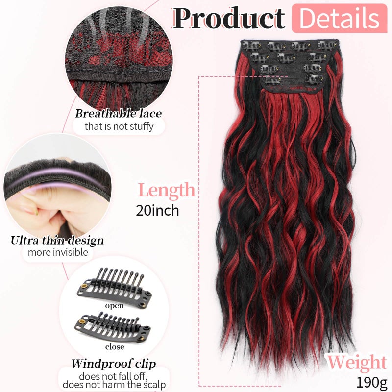KooKaStyle Hair Extensions Black Mix Red Highlights 1B/113# Clip in Synthetic Highlight Hair Extensions Long Wavy 4PCS Thick Hairpieces 20 Inch for Women - Image 2