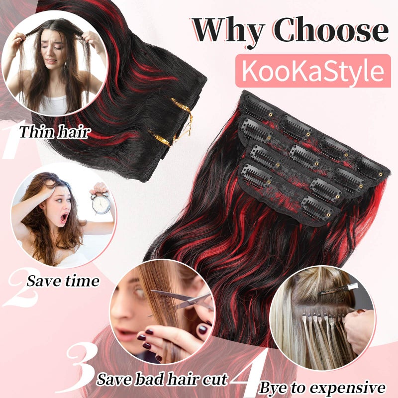 KooKaStyle Hair Extensions Black Mix Red Highlights 1B/113# Clip in Synthetic Highlight Hair Extensions Long Wavy 4PCS Thick Hairpieces 20 Inch for Women - Image 5
