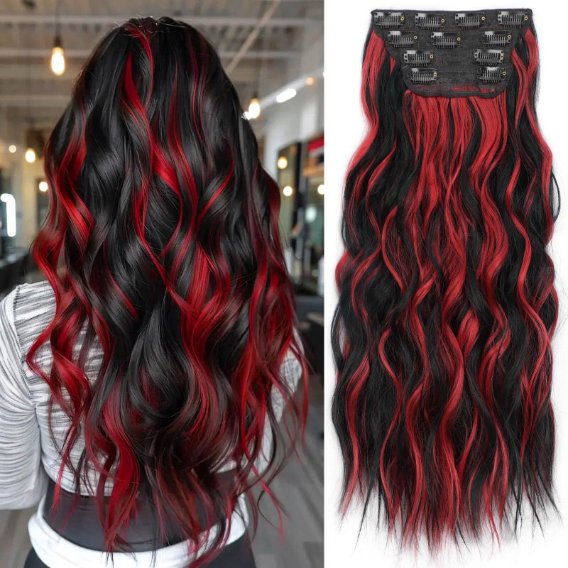 KooKaStyle Hair Extensions Black Mix Red Highlights 1B/113# Clip in Synthetic Highlight Hair Extensions Long Wavy 4PCS Thick Hairpieces 20 Inch for Women - Image 1