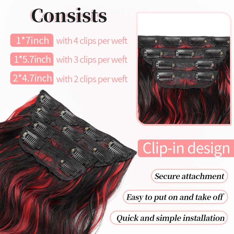 KooKaStyle Hair Extensions Black Mix Red Highlights 1B/113# Clip in Synthetic Highlight Hair Extensions Long Wavy 4PCS Thick Hairpieces 20 Inch for Women - Image 4