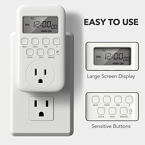 BN-LINK Digital Timer Outlet, 7 Day Heavy Duty Programmable Timer, On/Off Programs 3-Prong Grounded, Indoor, for Lamp, Light, Fan, Pets, Home, Kitchen, Office, Appliances, 125V, 15A, 1875W, 60Hz - Image 2