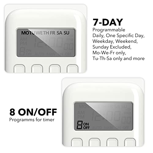 BN-LINK Digital Timer Outlet, 7 Day Heavy Duty Programmable Timer, On/Off Programs 3-Prong Grounded, Indoor, for Lamp, Light, Fan, Pets, Home, Kitchen, Office, Appliances, 125V, 15A, 1875W, 60Hz - Image 4