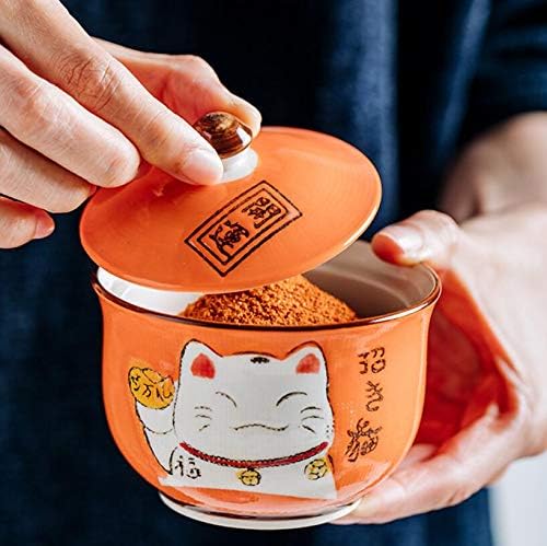 EatingBiting Ceramics Japanese Maneki Neko Lucky Cat Sugar Salt Pepper Storage Jar with Lid And Spoon Sugar Salt Pepper Storage Jar Seasoning Pot with Lid and Spoon for Home Kitchen - Image 1