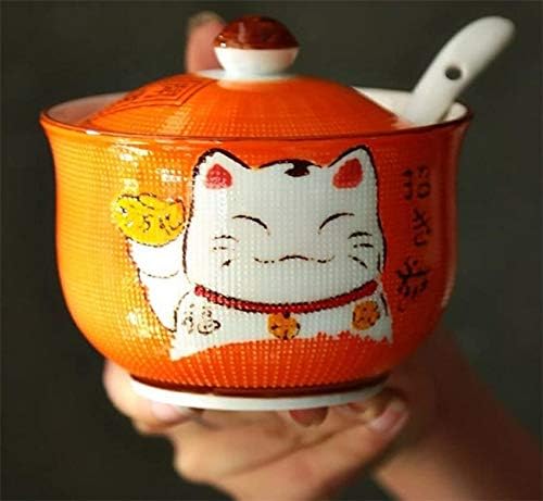 EatingBiting Ceramics Japanese Maneki Neko Lucky Cat Sugar Salt Pepper Storage Jar with Lid And Spoon Sugar Salt Pepper Storage Jar Seasoning Pot with Lid and Spoon for Home Kitchen - Image 3