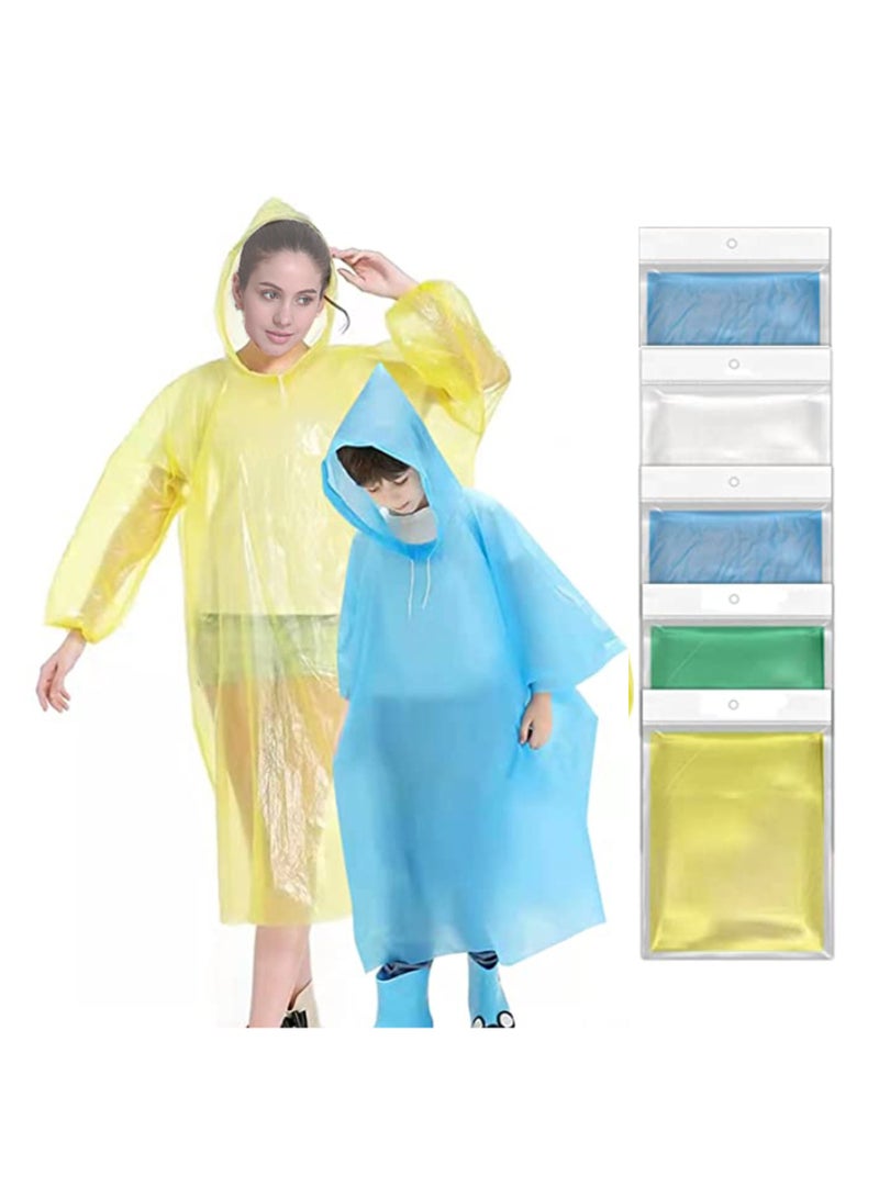 معاطف المطر للبالغين والأطفال، يمكن التخلص منها أو إعادة استخدامها، 5 قطع من معاطف المطر السميكة والشفافة ذات القلنسوة مع أكمام مرنة برباط لسفر الصيد العائلي (3 قطع للبالغين، قطعتان للأطفال) - Image 1