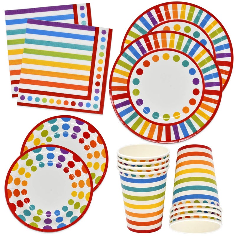 Gift Boutique 150 Pcs Rainbow Party Supplies Set Paper Plates Napkins for Colorful Bright Multi Colored Stripe  Polka Dot Birthday Disposable Dinnerware Serves 30