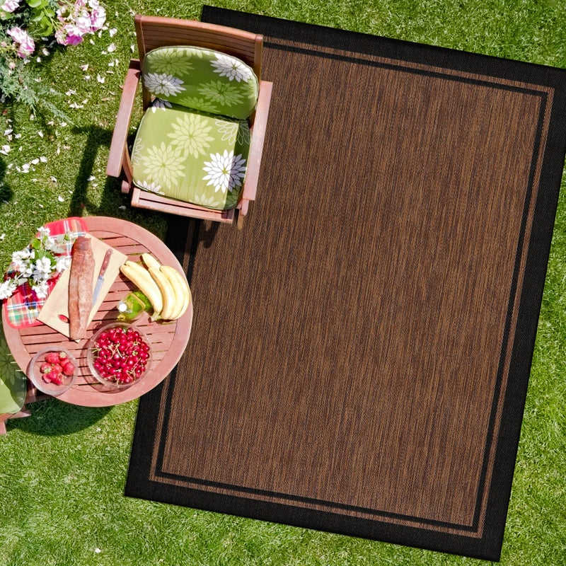 CAMILSON Indoor Outdoor Rug, 5x7 Bordered Nut Brown Black Modern Area Rugs for Indoor and Outdoor Patios, Kitchen and Hallway Mats, Washable Porch Deck Outside Carpet (Bordered Nut Brown Black, 5 x 7) - Image 1