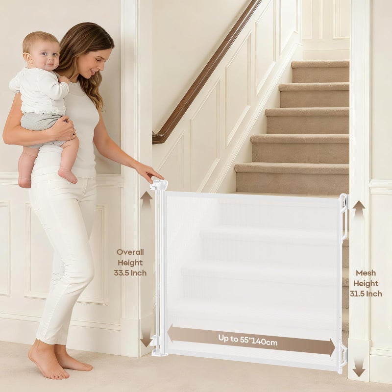 Spaceany Retractable Safety Baby Gate or Mesh Dog Gate,Durable Portable Mesh Retractable Gate,Easy to Use for Stairs, Doorways, Hallways, Indoor, Outdoor, 33.5" Tall, Extends to 55" Wide,White - Image 2