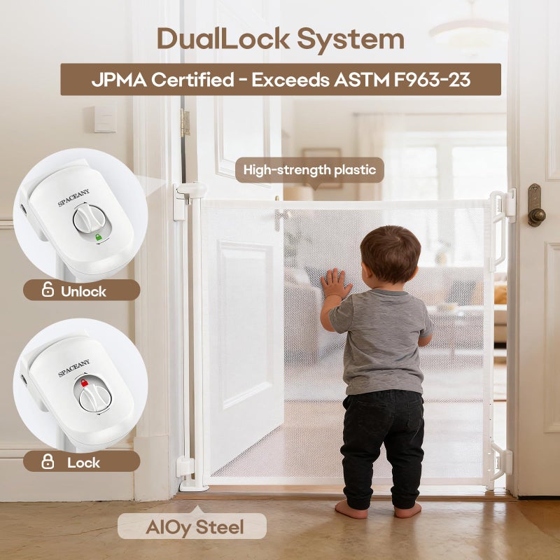 Spaceany Retractable Safety Baby Gate or Mesh Dog Gate,Durable Portable Mesh Retractable Gate,Easy to Use for Stairs, Doorways, Hallways, Indoor, Outdoor, 33.5" Tall, Extends to 55" Wide,White - Image 3
