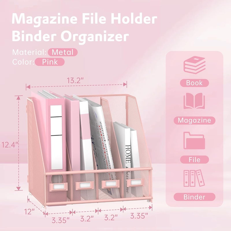 SUPEASY Magazine File Holder Desk Organiser, Metal Binder Holder with 4 Vertical Compartments for Office, Home, School, Pink - Image 3